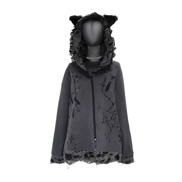 Original Dark Cat Ear Distressed Hoodie for Women