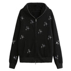 Loose Rhinestone Zipper Hooded Sweater by XINGX