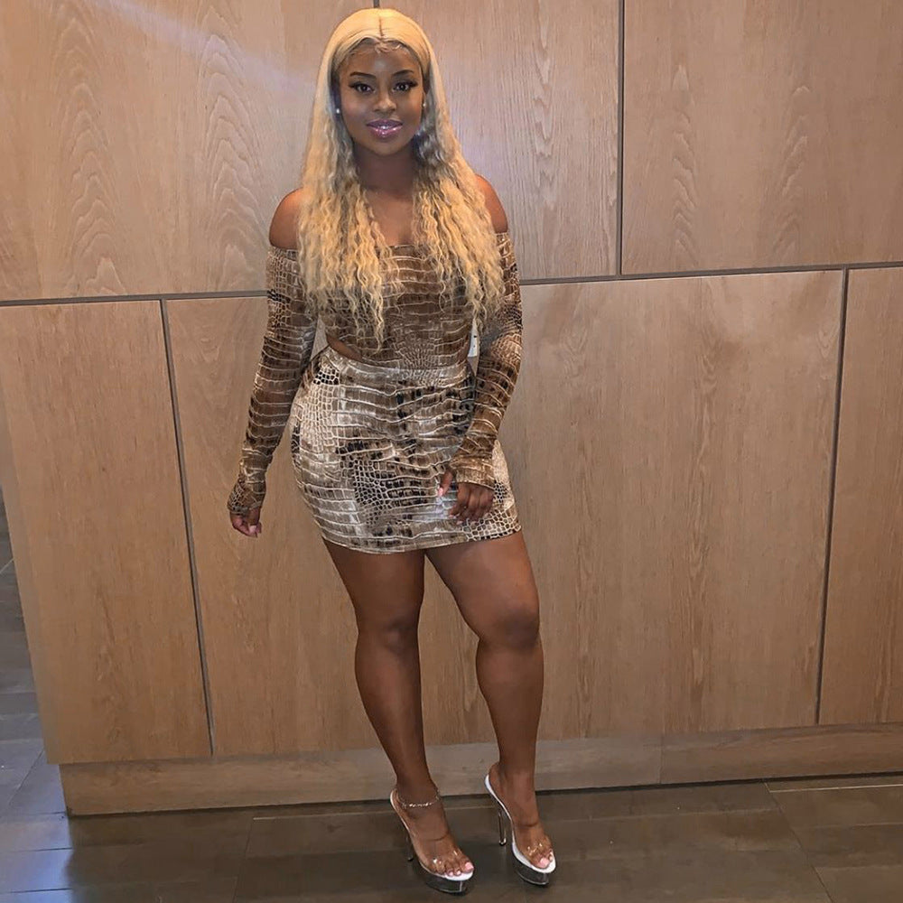 Snake Print Bodysuit and Skirt Set for Women