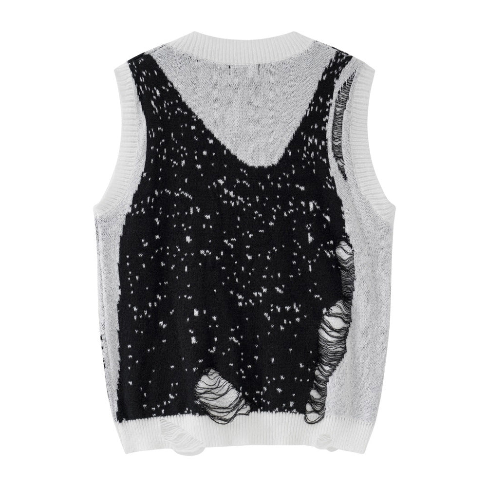 Men's Crochet V-neck Color Block Knitted Sweater Vest
