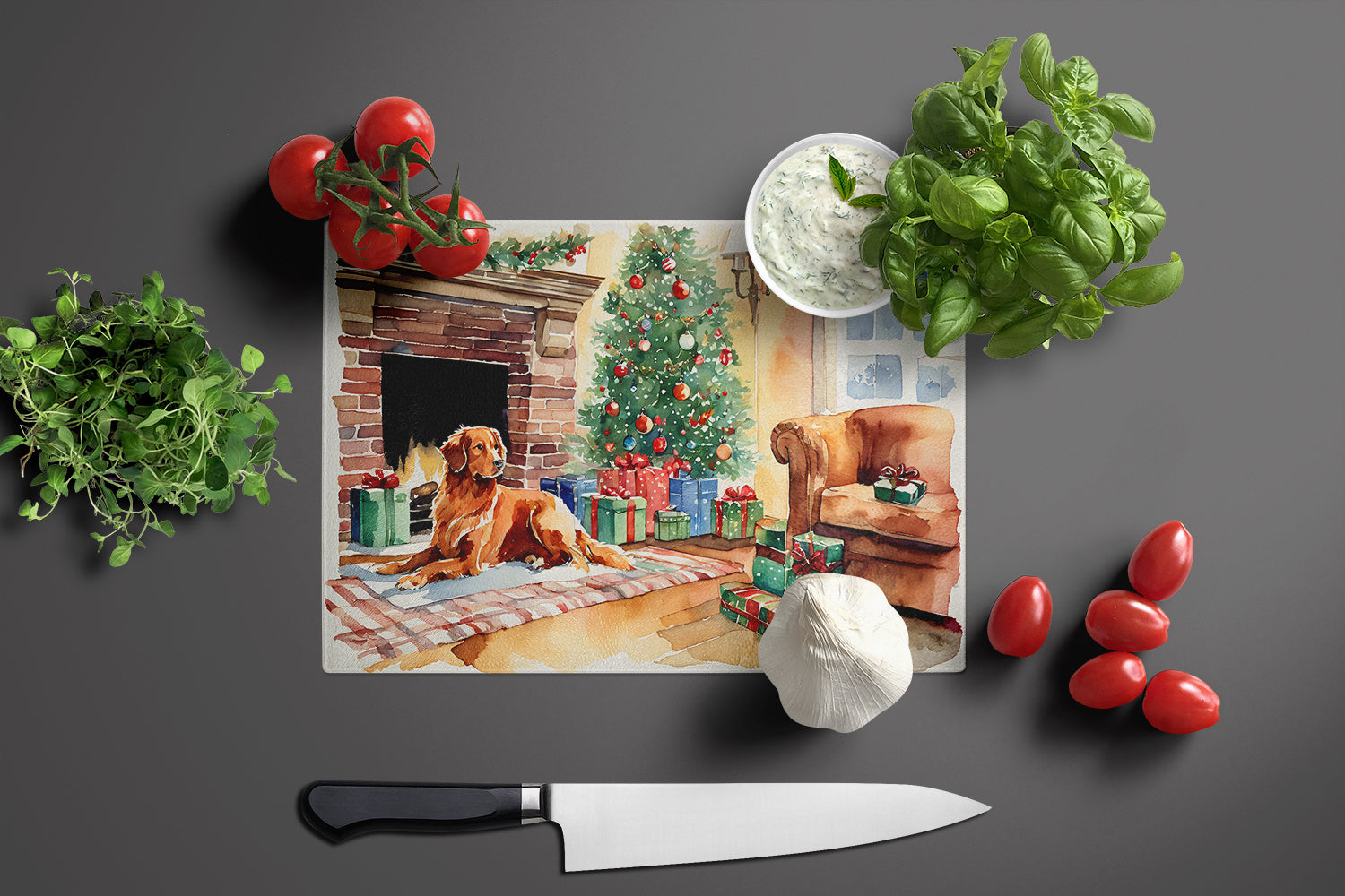 Nova Scotia Duck Tolling Retriever Cozy Christmas Glass Cutting Board