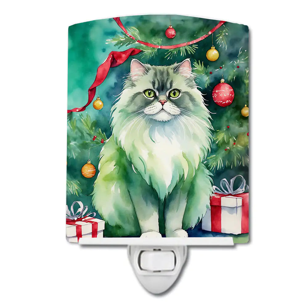 Persian Cat By the Christmas Tree Ceramic Night Light