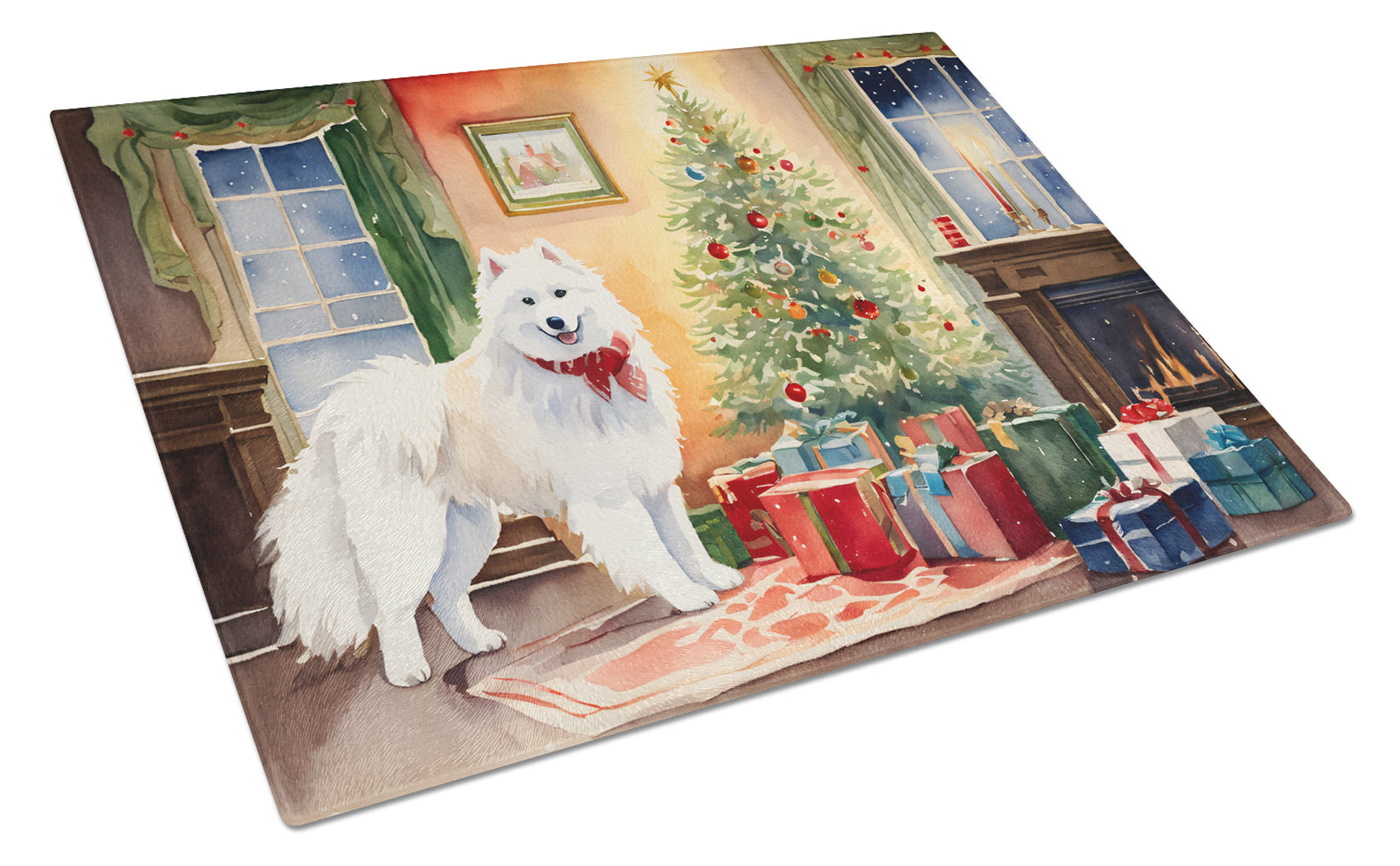 Samoyed Cozy Christmas Glass Cutting Board