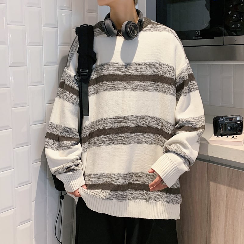 Men's Striped Round Neck Sweater Jacket in Hong Kong Style