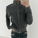Embroidered Letter Zipper Knitted Cardigan
