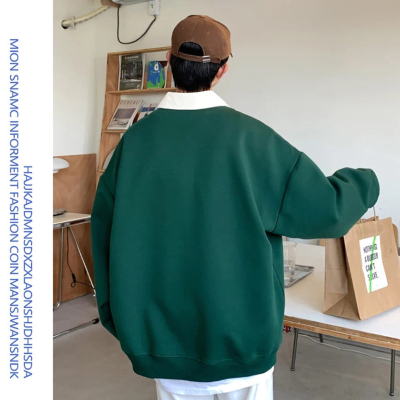 Oversized Autumn Lapel Hoodie for Men in Black/Green | Streetwear