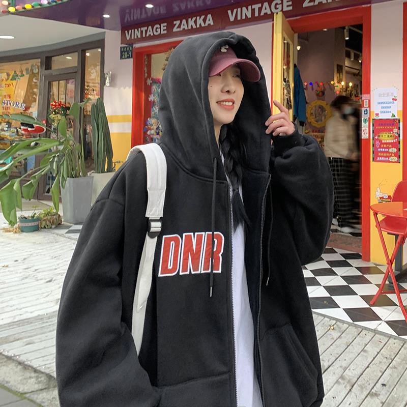 Hooded Loose Cardigan Sweater with Letter Design