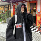 Hooded Loose Cardigan Sweater with Letter Design