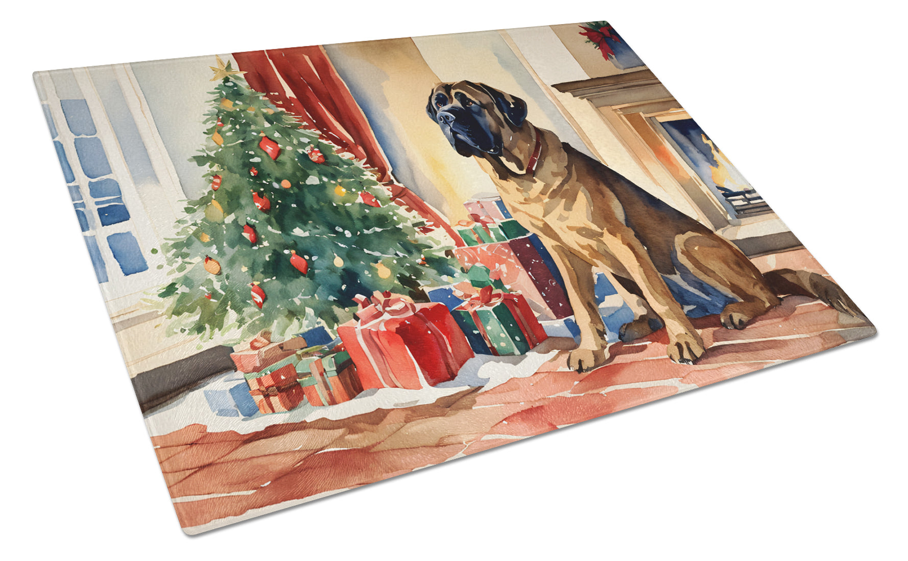 Mastiff Cozy Christmas Glass Cutting Board
