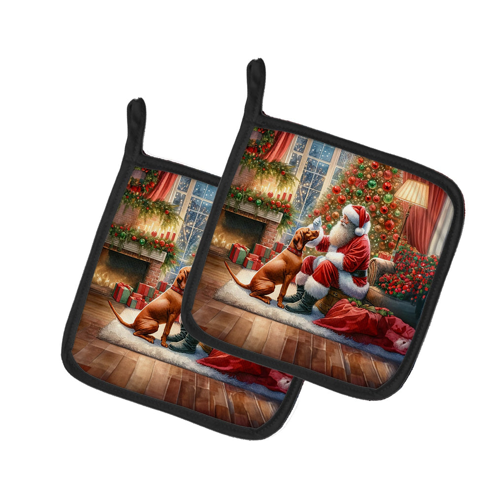Vizsla and Santa Claus Pair of Pot Holders