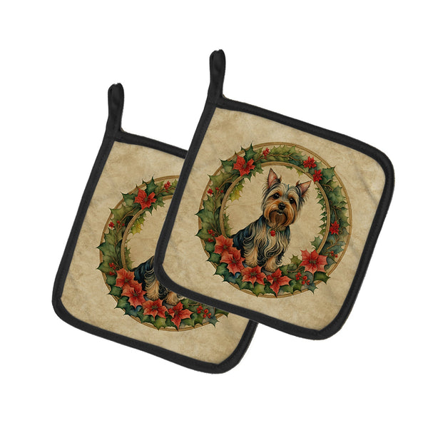 Silky Terrier Christmas Flowers Pair of Pot Holders