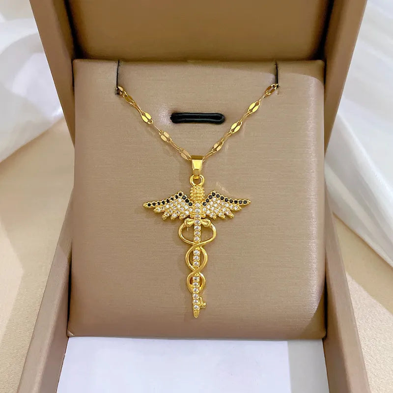 Winged Caduceus Pendant Necklace
