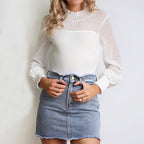 Mesh Hollow Slim Bodysuit for Women - V-Neck Long Sleeve