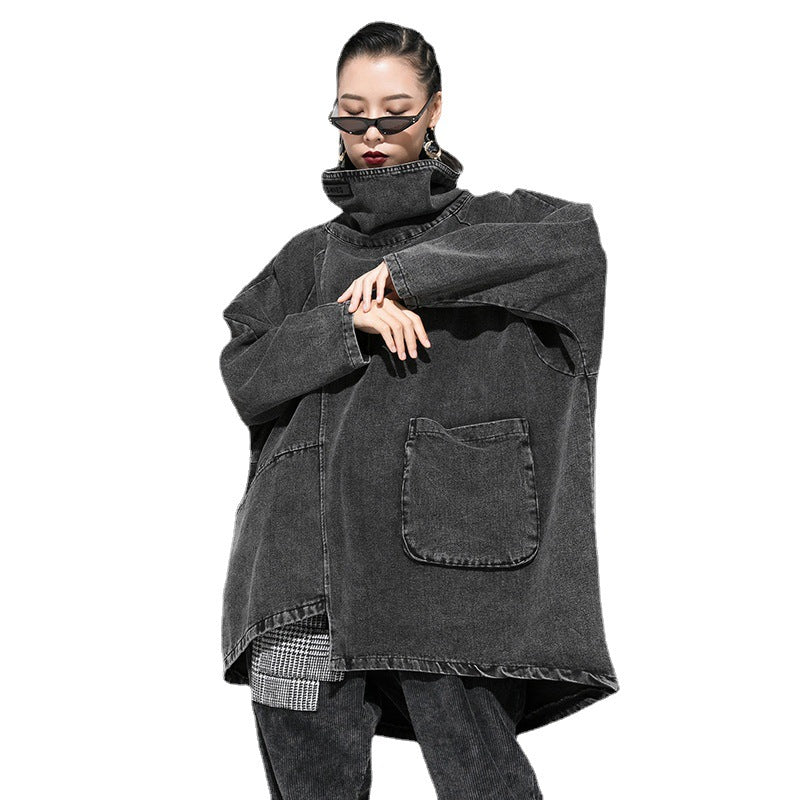 Oversized Black Washed Denim Turtleneck Jacket