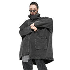 Oversized Black Washed Denim Turtleneck Jacket