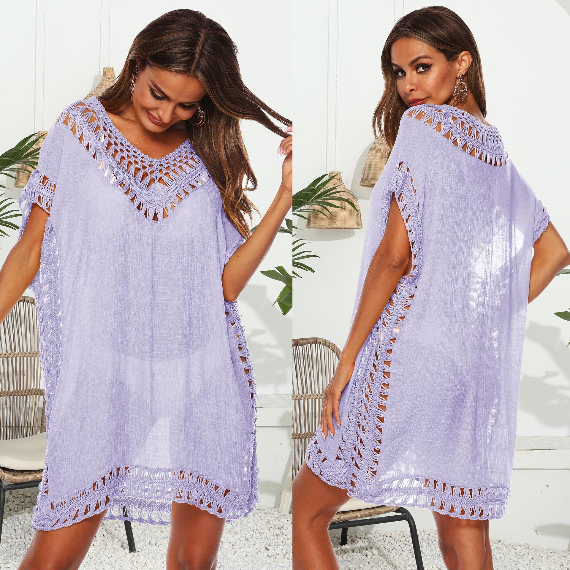 Solid Color V-Neck Crochet Beach Cover-Up Dress A1965