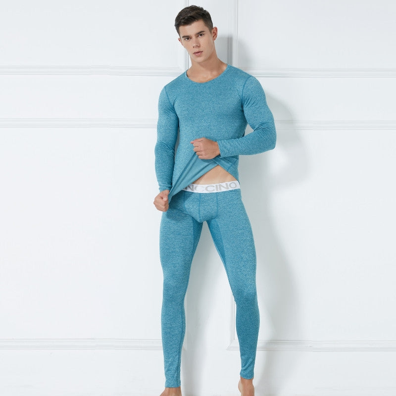 Men's Thermal Underwear Set - Round Neck Plush Top & Pants