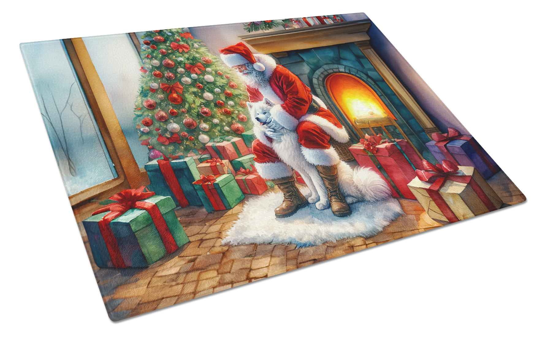 Samoyed and Santa Claus Glass Cutting Board