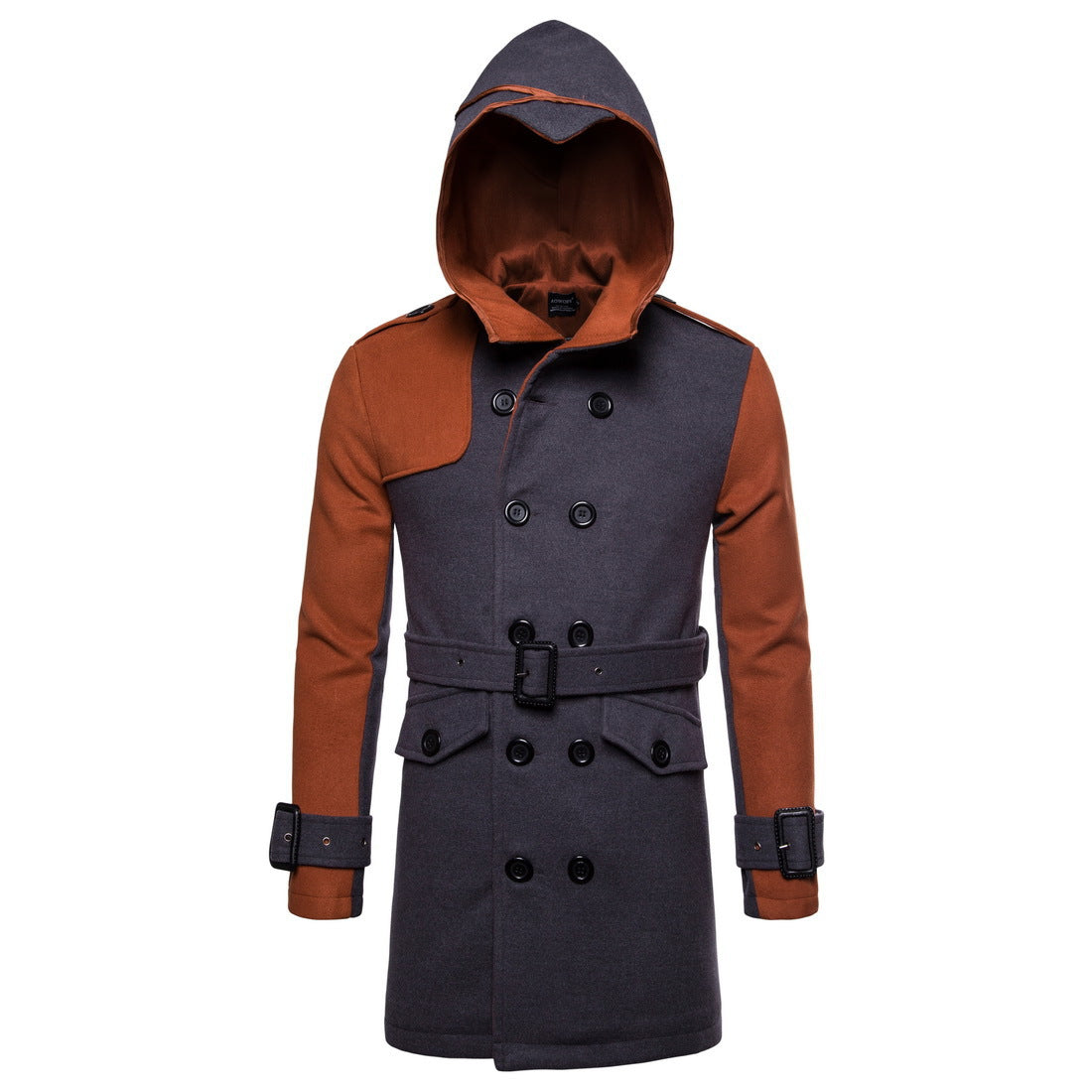 Mid-length Wool Trench Coat with Hood and Belt