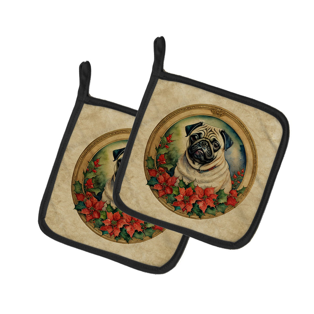 Pug Christmas Flowers Pair of Pot Holders