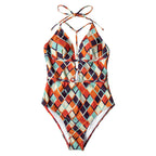 Retro Geometric Print Halter One-Piece Swimsuit