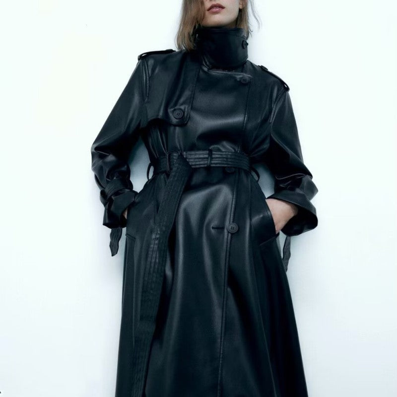 Fashionable Black Long Leather Coat with Belt