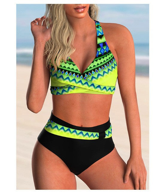 Retro Print High-Waisted Bikini Set for Women
