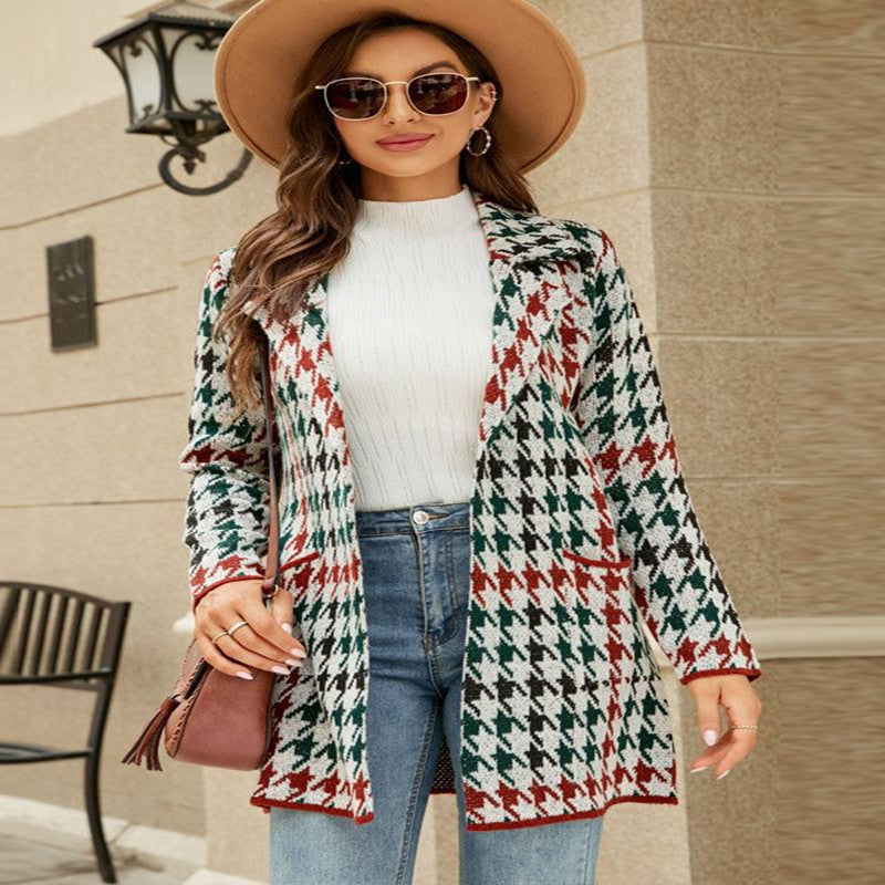 Contrast Houndstooth Knit Long Sweater Cardigan Coat