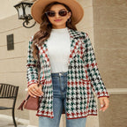 Contrast Houndstooth Knit Long Sweater Cardigan Coat