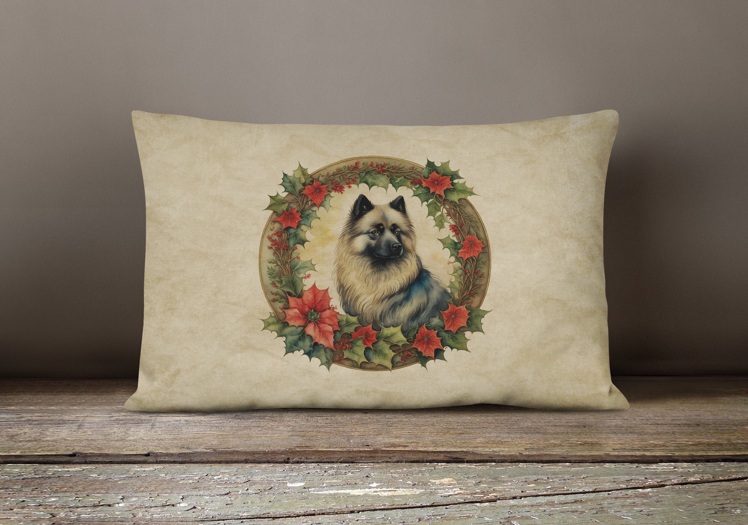 Keeshond Christmas Flowers Throw Pillow