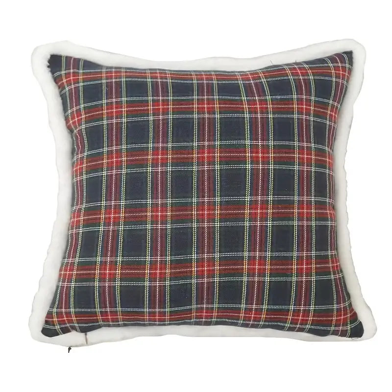 Christmas Red Plaid Pillow Case 18x18in with Rabbit Fur Trim