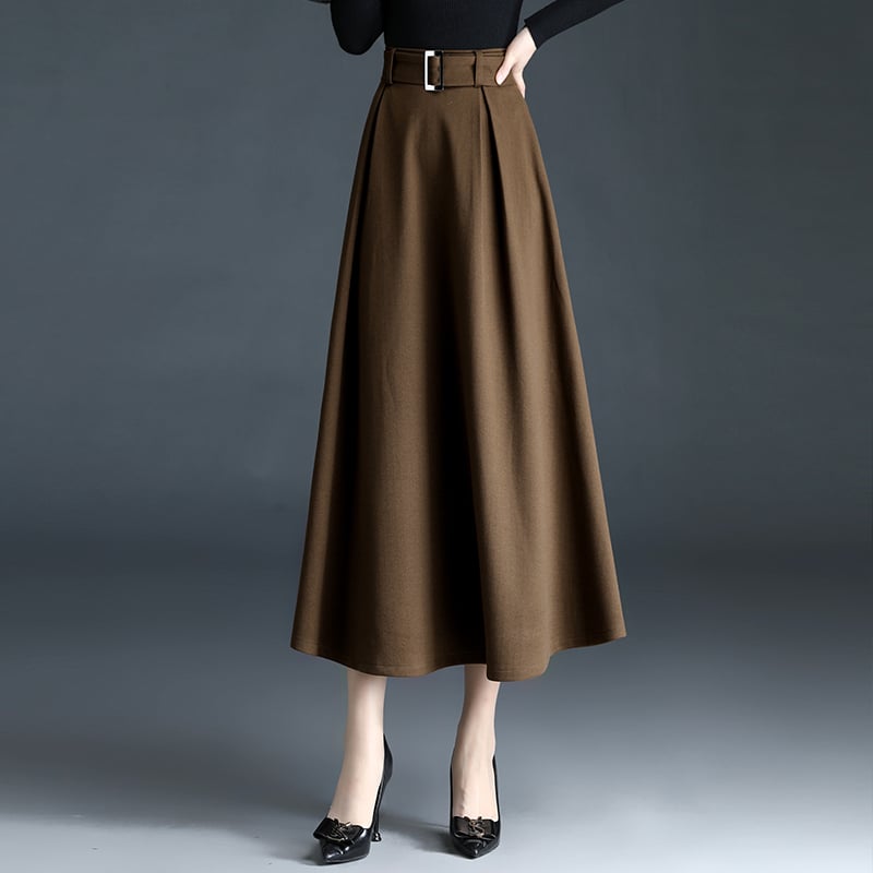 Women's A-line Pleated Long Wool Skirt