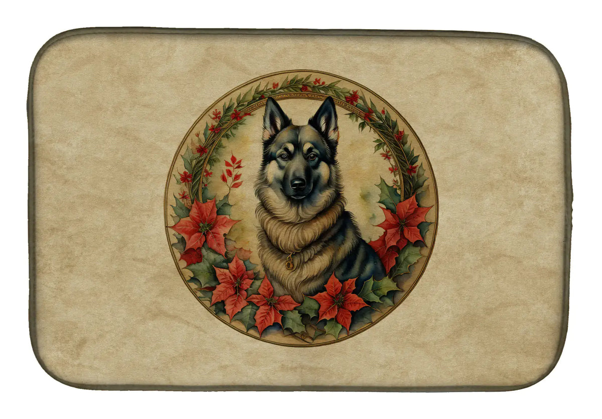 Norwegian Elkhound Christmas Flowers Dish Drying Mat