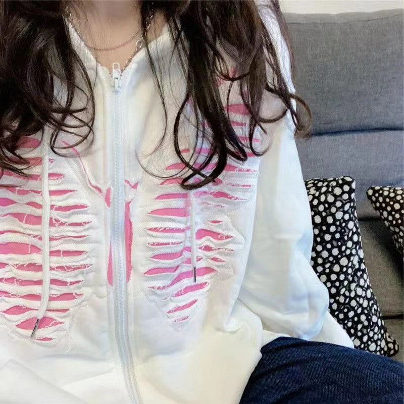 Fish Scale Hooded Cardigan Sweatshirt with Stripes | Streetwear