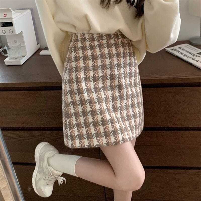 New Women's High Waist Houndstooth Wool Skirt