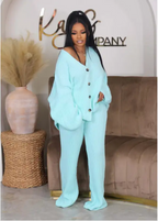 V-Neck Double-Breasted Sweater Cardigan & Wide-Leg Trousers Set