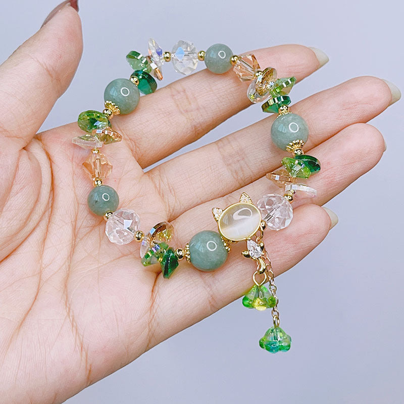 Green Crystal Beaded Bracelet with Opal Cat Charm