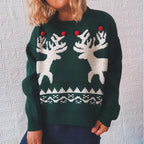 Women's Elk Christmas Sweater - Round Neck Long Sleeve
