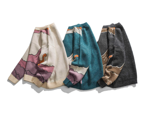 Loose Fit Patterned Jacquard Round Neck Sweater