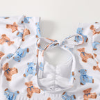 Cute Cartoon Bear Print Swimsuit and Plaid Shorts Set