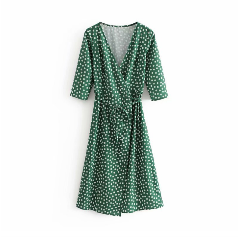 2020 Spring Summer Women's Floral Green Wrap Dress