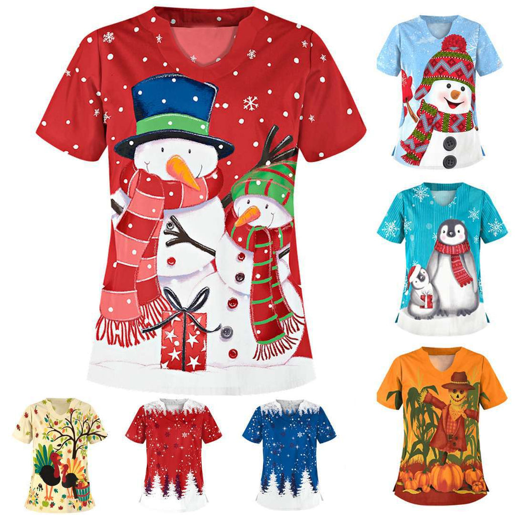 Christmas Print V-Neck Short Sleeve Shirt for Women
