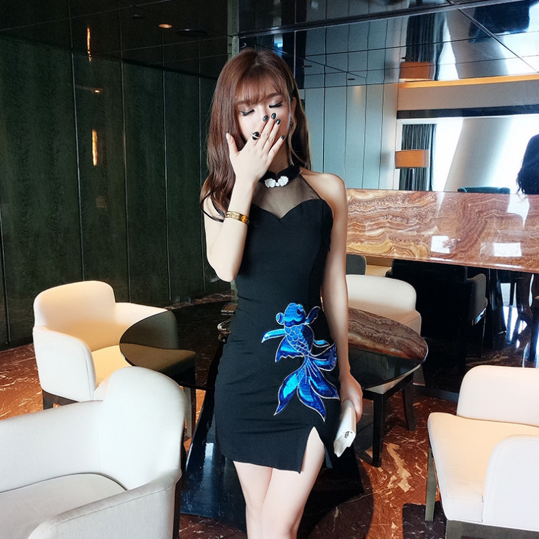 Embroidered Fish Design Qipao Dress with Mesh Details