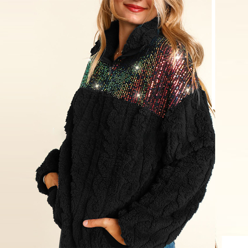 2024 Women's Splicing Sweatshirt Coat with Sequins | Streetwear