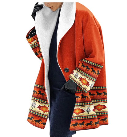 Thick Woolen Print Hooded Loose Medium Coat