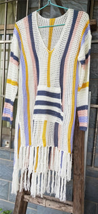 Knit Fringe Striped Beach Cover-Up