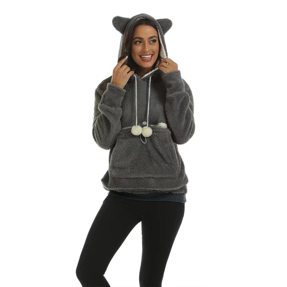 Solid Color Hooded Sweater with Large Pocket