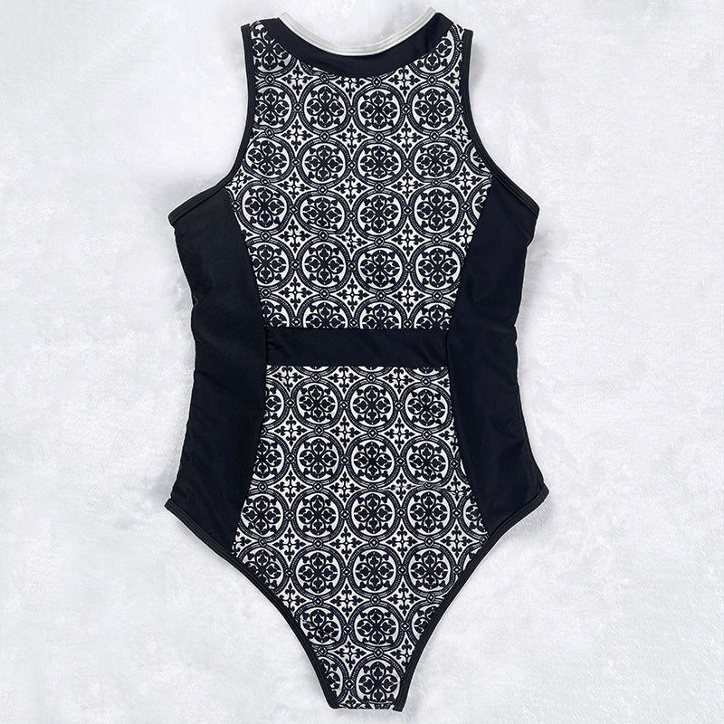 Vintage Retro Zipper One Piece Swimsuit for Women