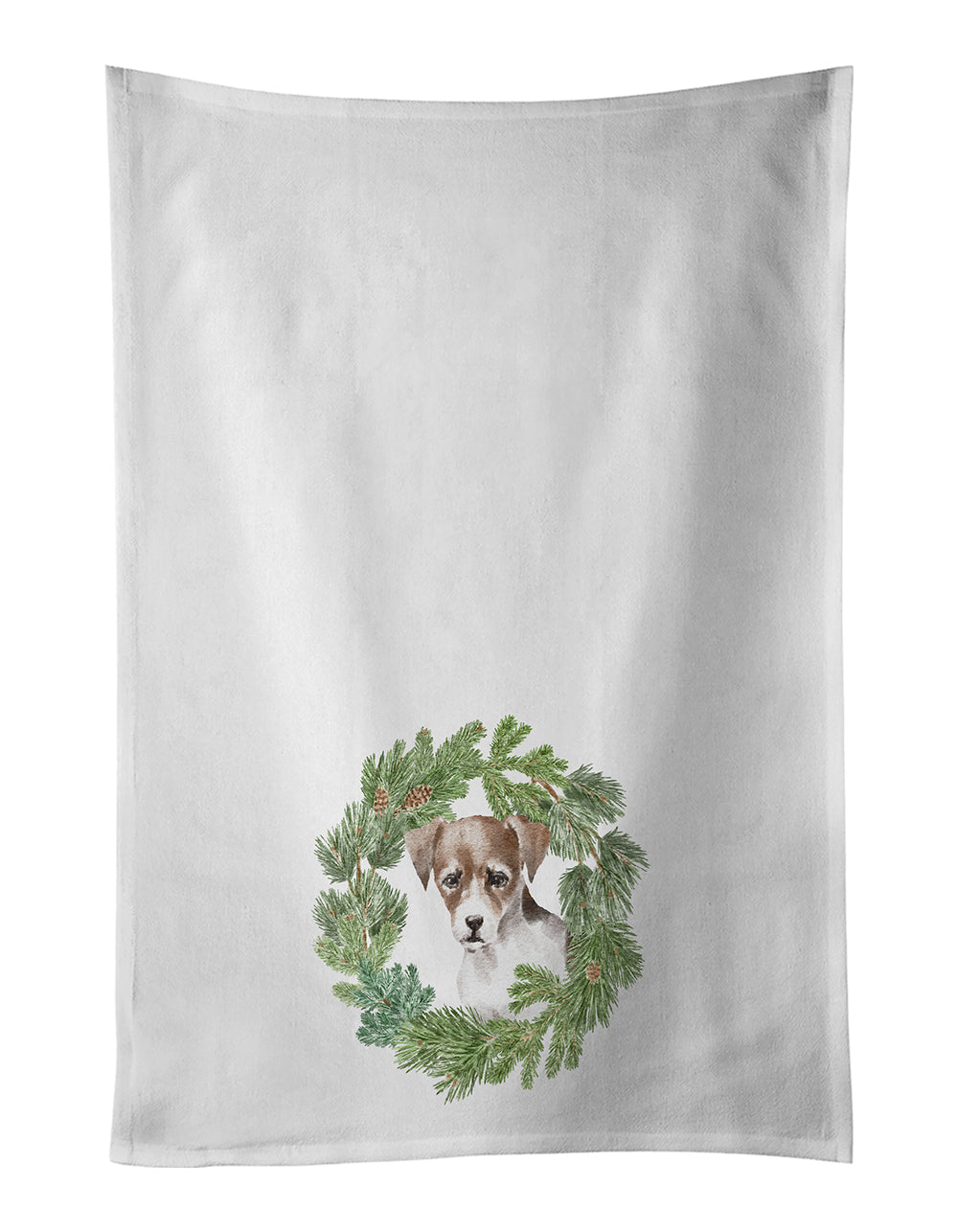 Jack Russell Terrier Puppy Tricolor Christmas Wreath Kitchen Towel Set of 2
