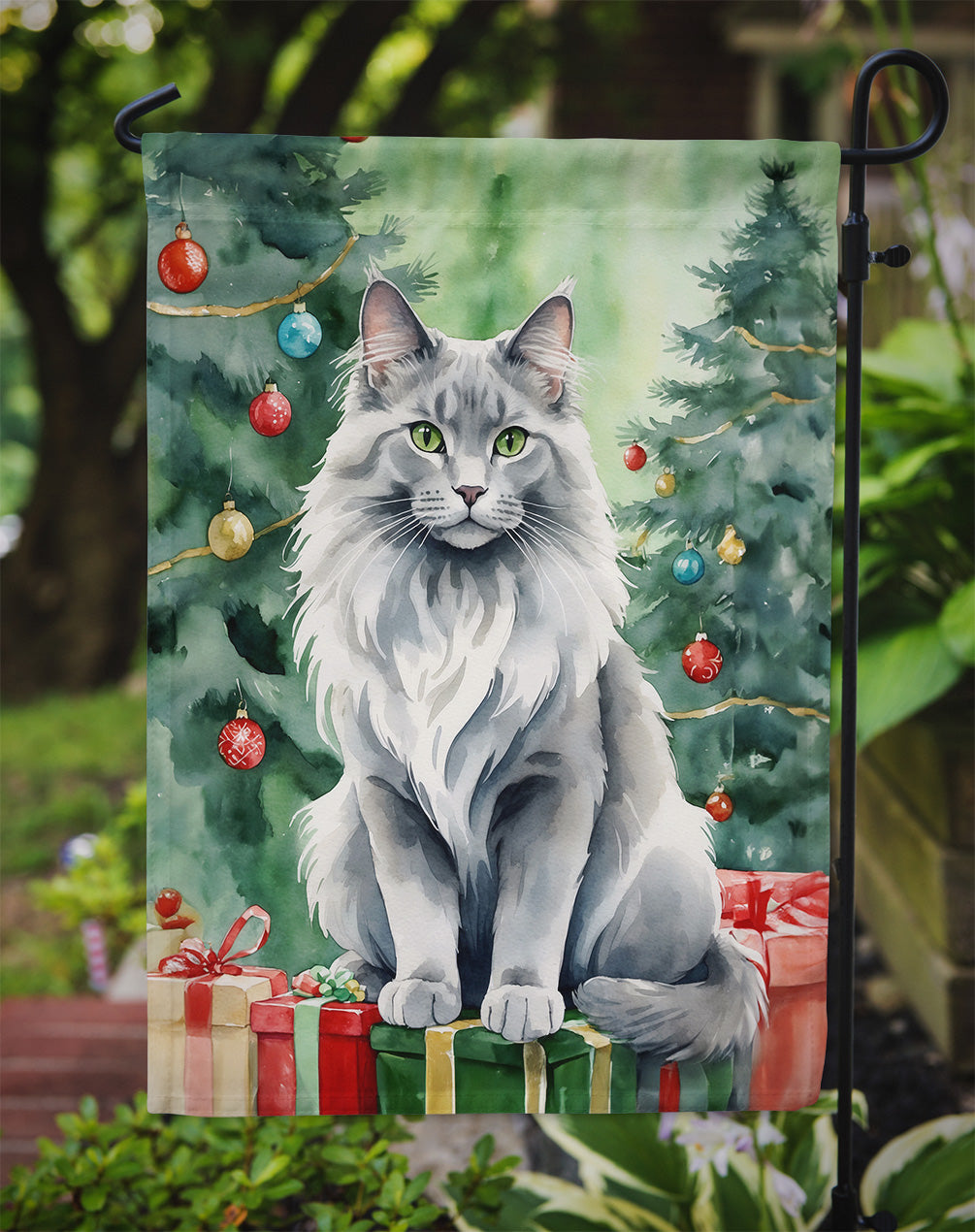 Nebelung Cat By the Christmas Tree Garden Flag